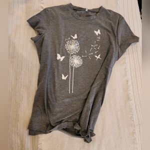 Gray T-Shirt with Dandelion and Butterfly Design